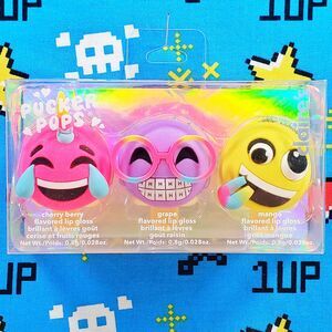 Claire's Emoji Pucker Pops Lip Gloss Cherry Berry, Grape and Mango Set Unopened